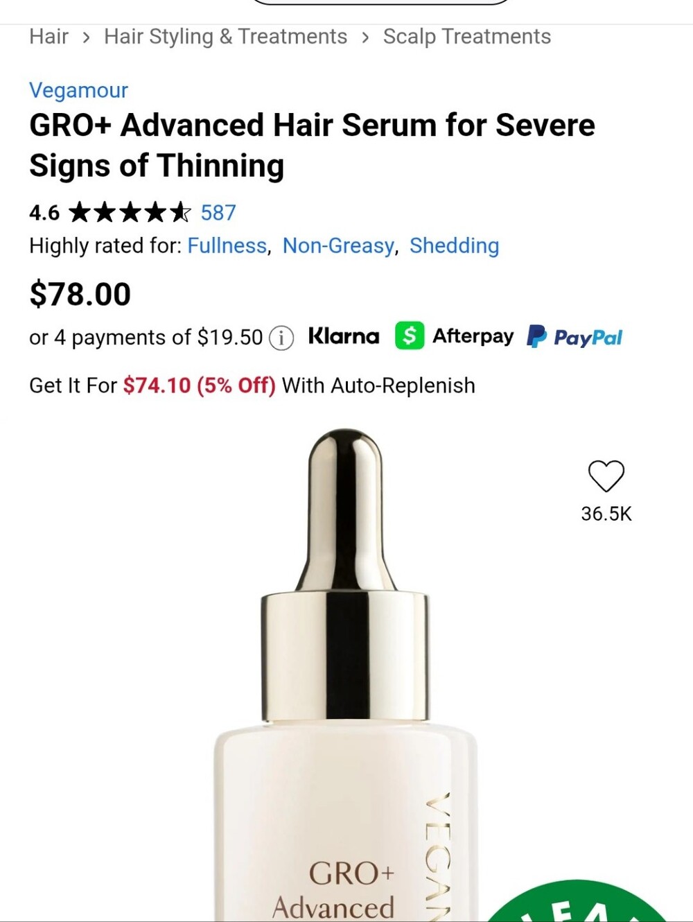Authentic GRO+ Advanced Hair Serum - 30 mL X 2 Bundle Vegamour - Picture 3 of 8